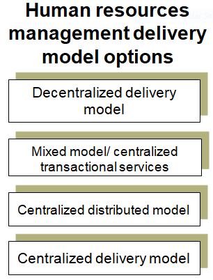 This chart provides a summary of examples of delivery model options for the human resources management function.