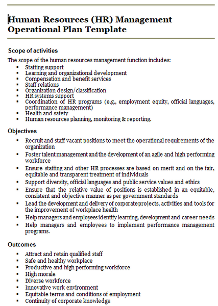 Human resources management operational plan template: activities, objectives and desired outcomes.