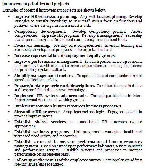 Human resources management operational plan template: examples of improvement priorities and projects.