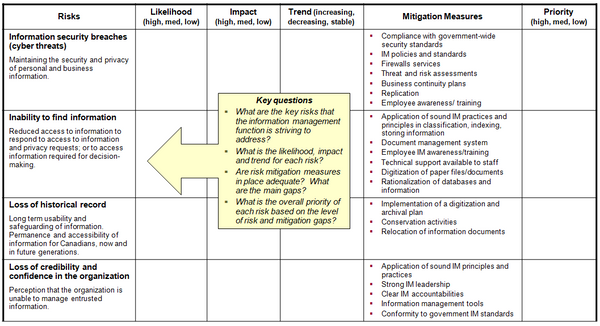 This chart provides a summary template for the risk profile for the information management function, including a summary of the mitigation measures for each risk and the level of priority of each risk.