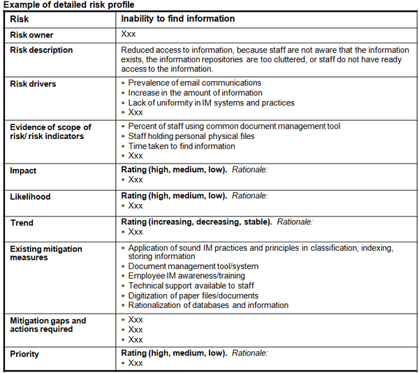 This chart provides an example of the templates for more detailed profiles or descriptions of the information management risks identified.