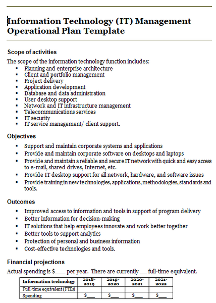 Information technology (IT) management operational plan template: activities, objectives, desired outcomes, and financial projections.