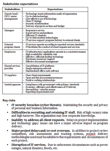 Information technology (IT) management operational plan template: stakeholder expectations and key risks.