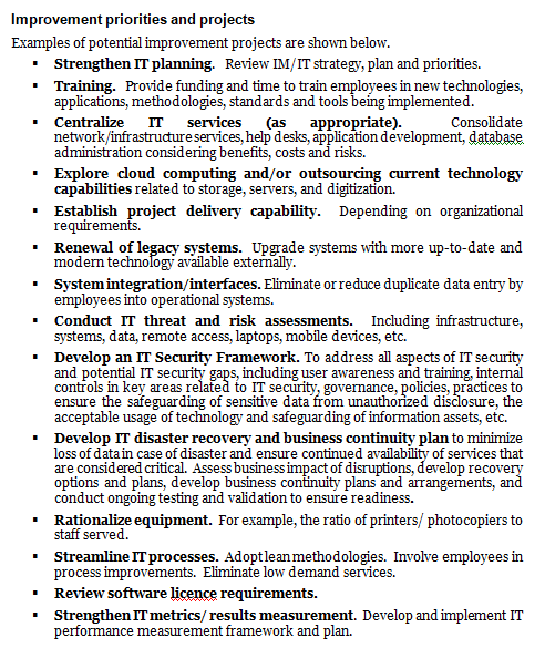 Information technology (IT) management operational plan template: examples of improvement priorities and projects.