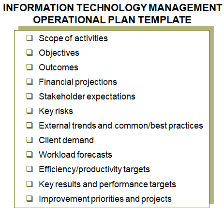 Lists the elements of the information technology management operational plan template.