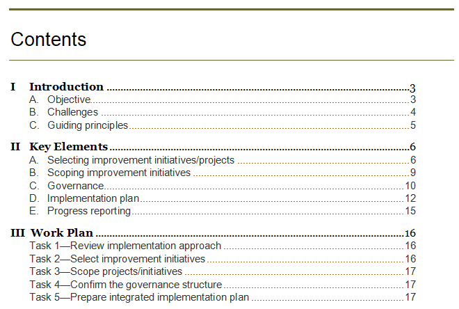 Table of contents of the implementation planning guide and work plan.