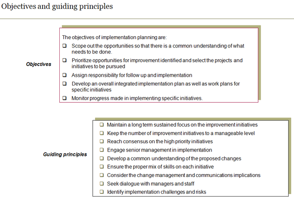 Implementation planning: examples of objectives and guiding principles.