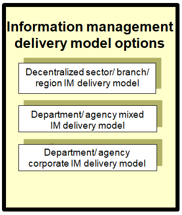 This chart identifies examples of information management delivery model options.