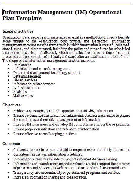 Information management operational plan template: activities, objectives and desired outcomes.