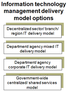 This chart summarizes potential delivery model options for the information technology management function in the public sector.