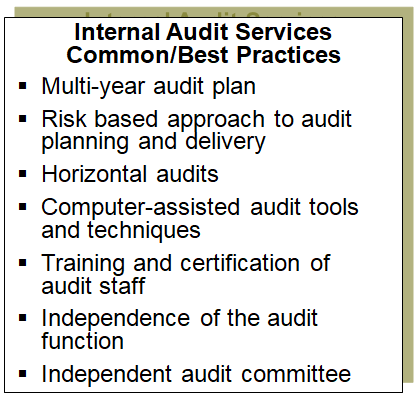 This chart provides examples of common/best practices for internal audit services.
