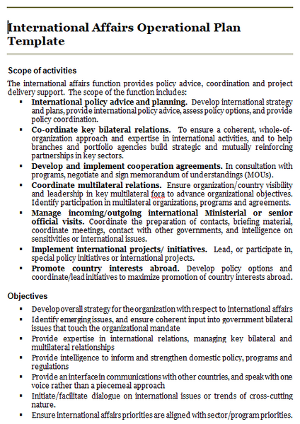 International affairs operational plan template: scope of activities and objectives.