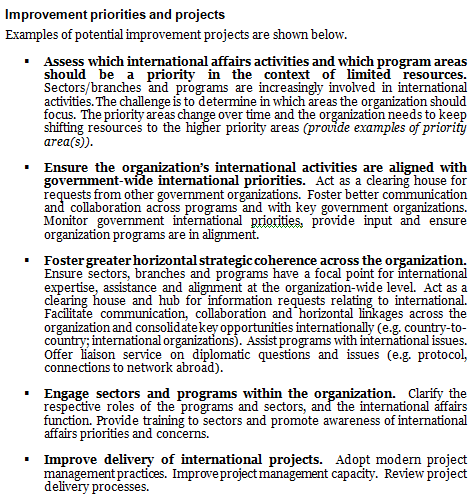 International affairs operational plan template: examples of improvement priorities and projects.