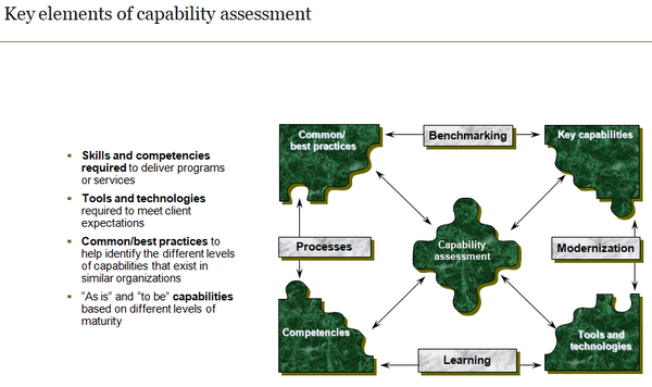 This chart highlights the key elements of a capability assessment: common/best practices, "as is" and "to be" capabilities, tools and technologies, and competencies.