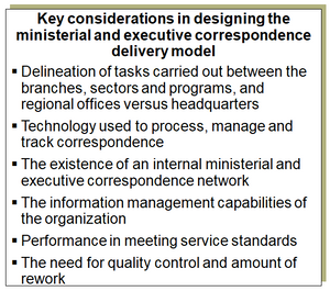 Key factors to consider in designing the ministerial and executive correspondence delivery model.