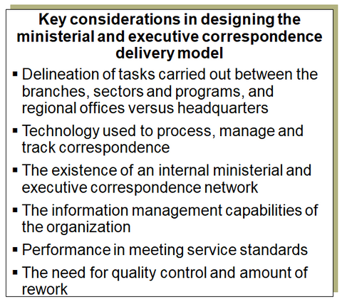Key factors to consider in designing the ministerial and executive correspondence delivery model.