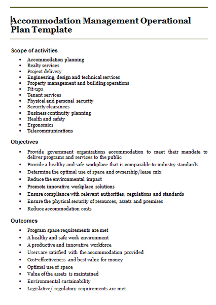 Accommodation management operational plan template: scope of activities, objectives and outcomes.