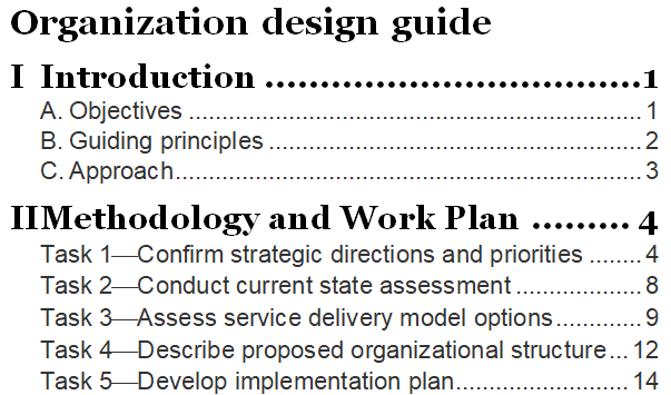 Table of contents of the organization design guide and work plan.