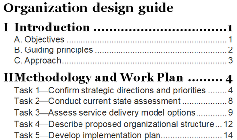 Table of contents of the organization design guide and work plan.