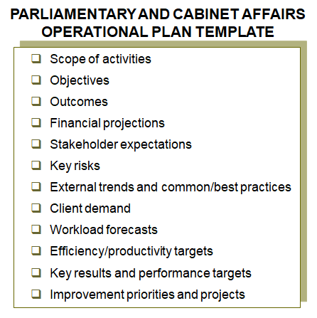 Lists the elements of the parliamentary and cabinet affairs operational plan template.