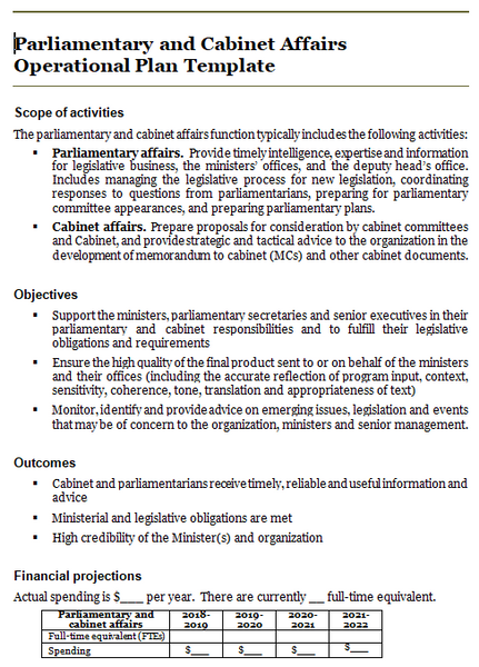 Parliamentary and cabinet affairs operational plan template: activities, objectives, desired outcomes, and financial projections.