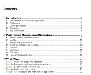 Table of contents of the performance measurement guide and work plan.