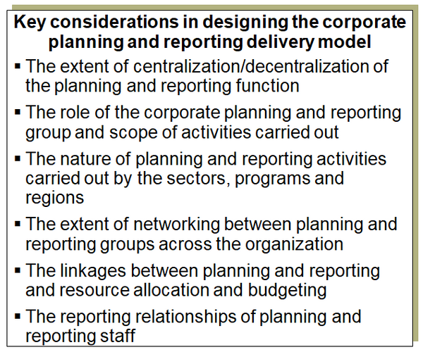 Key factors to consider in designing the corporate planning and reporting delivery model.
