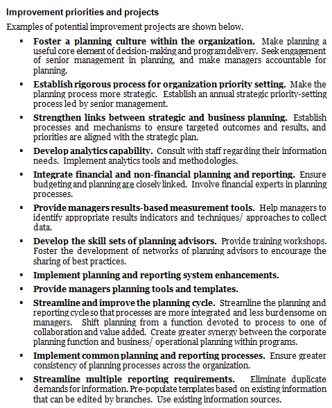 Corporate planning and reporting operational plan template: examples of potential improvement priorities and projects.