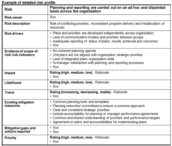 This chart provides an example of the templates for more detailed profiles or descriptions of the corporate planning and reporting risks identified.