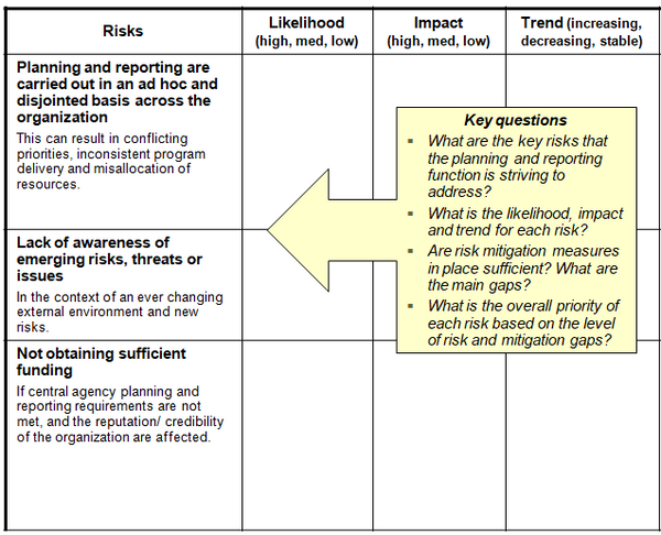 This chart identifies examples of risks addressed by the corporate planning and reporting function in the public sector.
