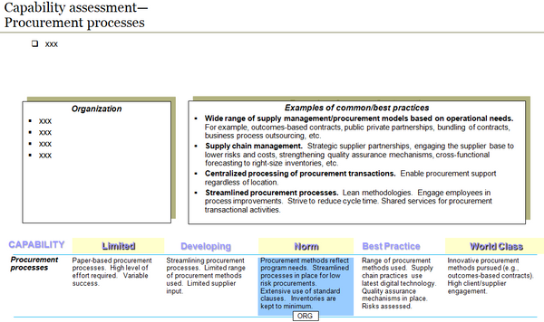 Example of an assessment of capabilities for procurement including common/best practices.