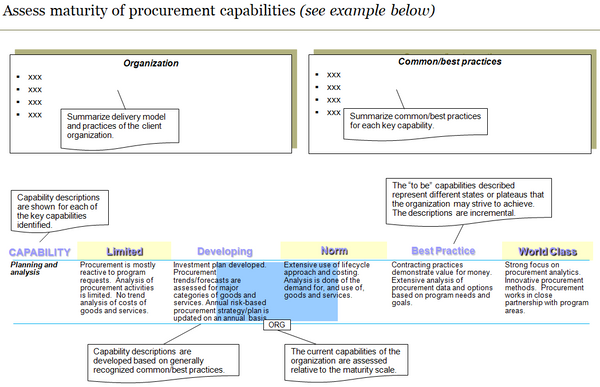 This chart explains how procurement capabilities are assessed using a five level maturity scale.