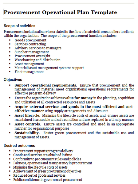 Procurement operational plan template: activities, objectives and desired outcomes.