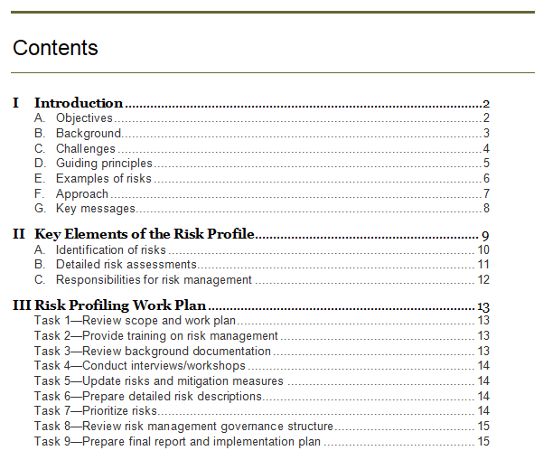 Table of contents of the risk profiling guide and work plan.