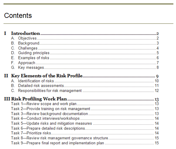 Table of contents of the risk profiling guide and work plan.
