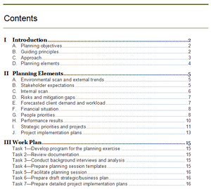 Table of contents of the strategic and business planning guide and work plan.