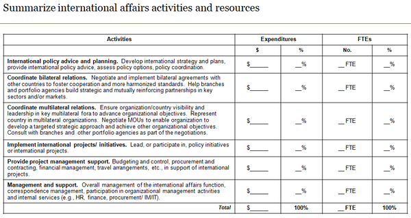Template to summarize international affairs activities and the resources associated with each activity.