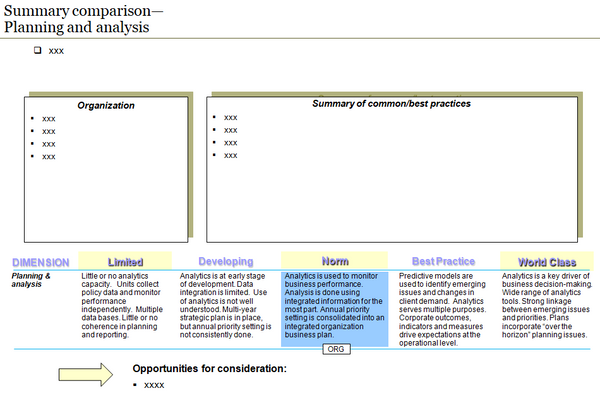 Example of template to summarize the results of the comparisons with benchmark organizations by criteria.
