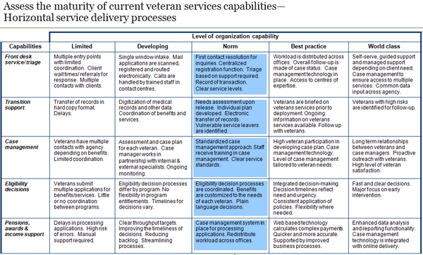 Example image of the veteran services capability assessment model showing five levels of maturity by capability.