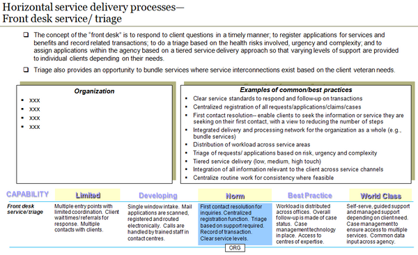 Example of the capability assessment template for one capability indicating examples of common/best practices and maturity capability assessment model.
