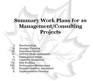 Cover page of the summary work plans for 10 types of management/ consulting projects or tasks.